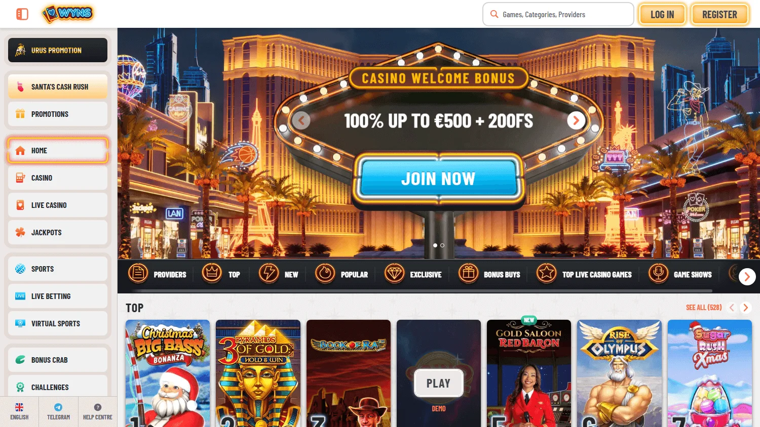 Wyns Casino homepage on desktop