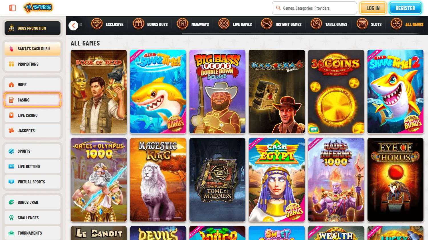 Wyns Casino games area on desktop