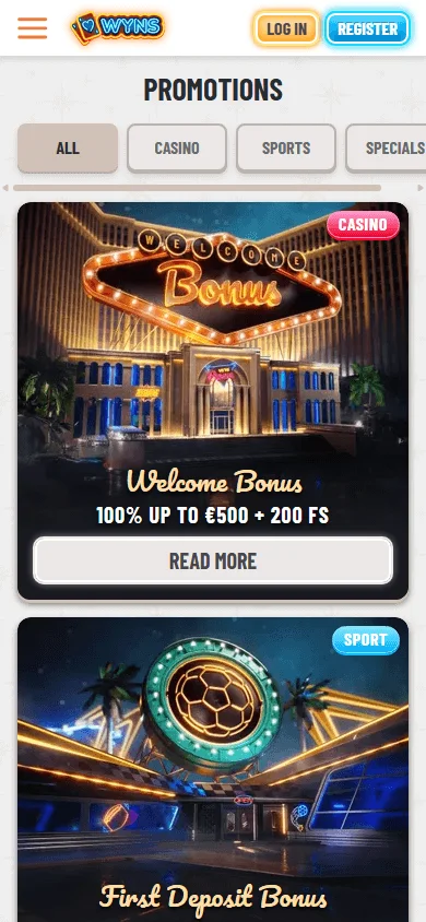 Wyns Casino promotions area on a mobile browser