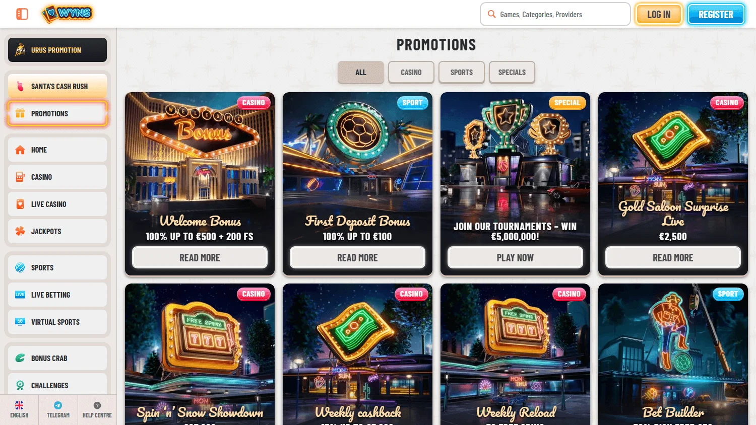 Wyns Casino promotions area on desktop