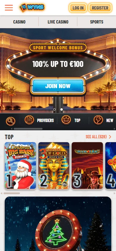 Wyns Casino homepage on a mobile browser